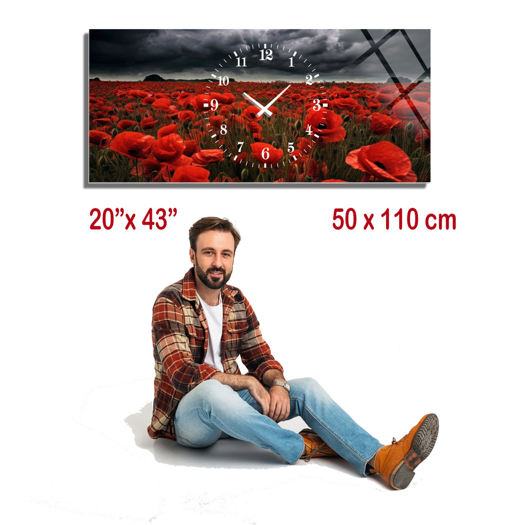 Manzara Temalı Temperli Cam Duvar Saati – Altın Detaylı Modern Tasarım, Büyük Boy Duvar Dekoru