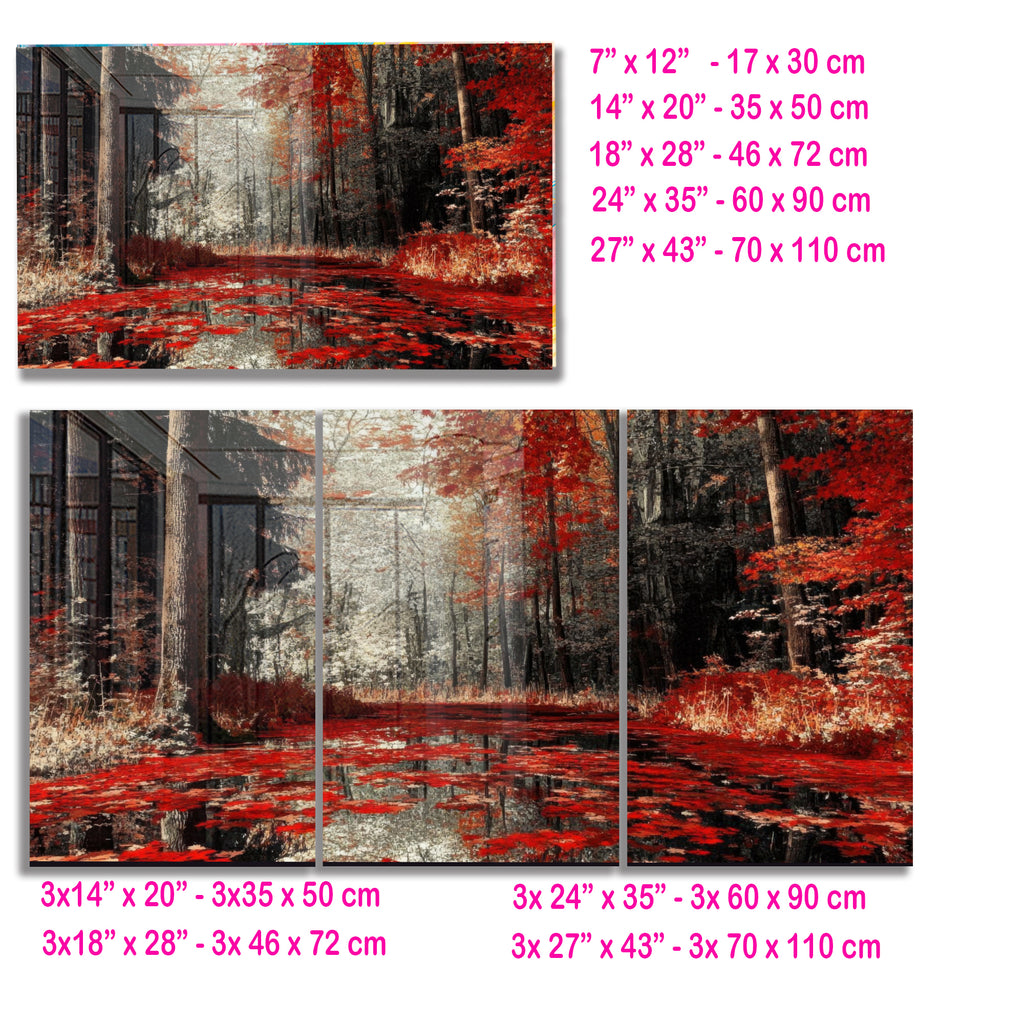 Autumn Forest Glass Wall Art, Red Foliage Tempered Glass Print, Fall Landscape Wall Decor, Tranquil Nature Glass Panel, Seasonal Home Art
