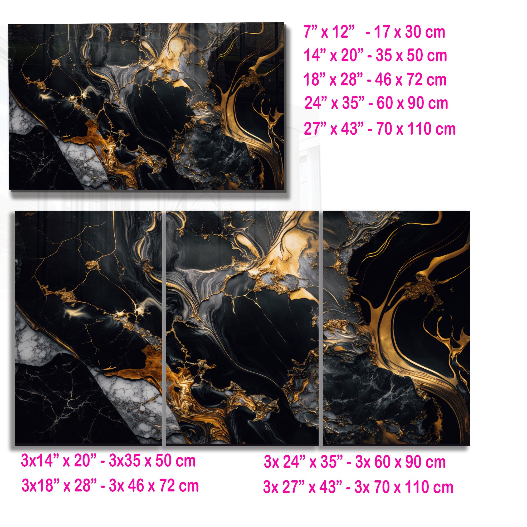 Tempered Glass Wall Art, Black and Gold Marble Design, Luxury Abstract Modern Decor Panel