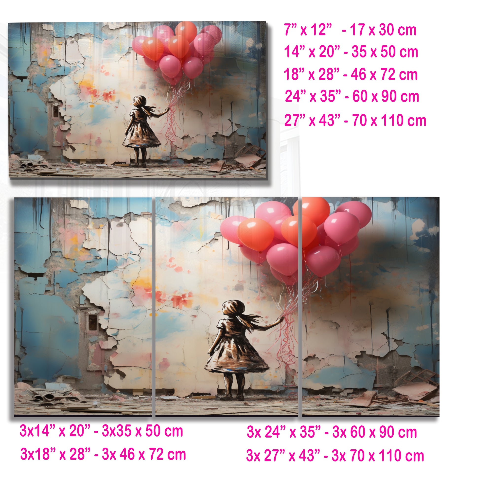 Kız ve Balonlar Temalı Temperli Cam Tablo – Modern Sokak Sanatı Tarzı, Renkli Duvar Dekoru