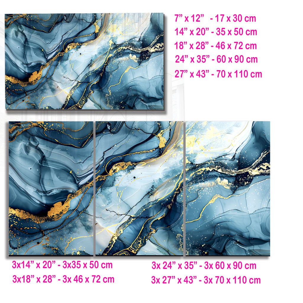 Blue Gold Marble Themed Tempered Glass Wall Art – Framed or Frameless - Luxury Glossy Panel -Stained Glass Wall Art - Marble Themed Glass Backsplash (Copy)