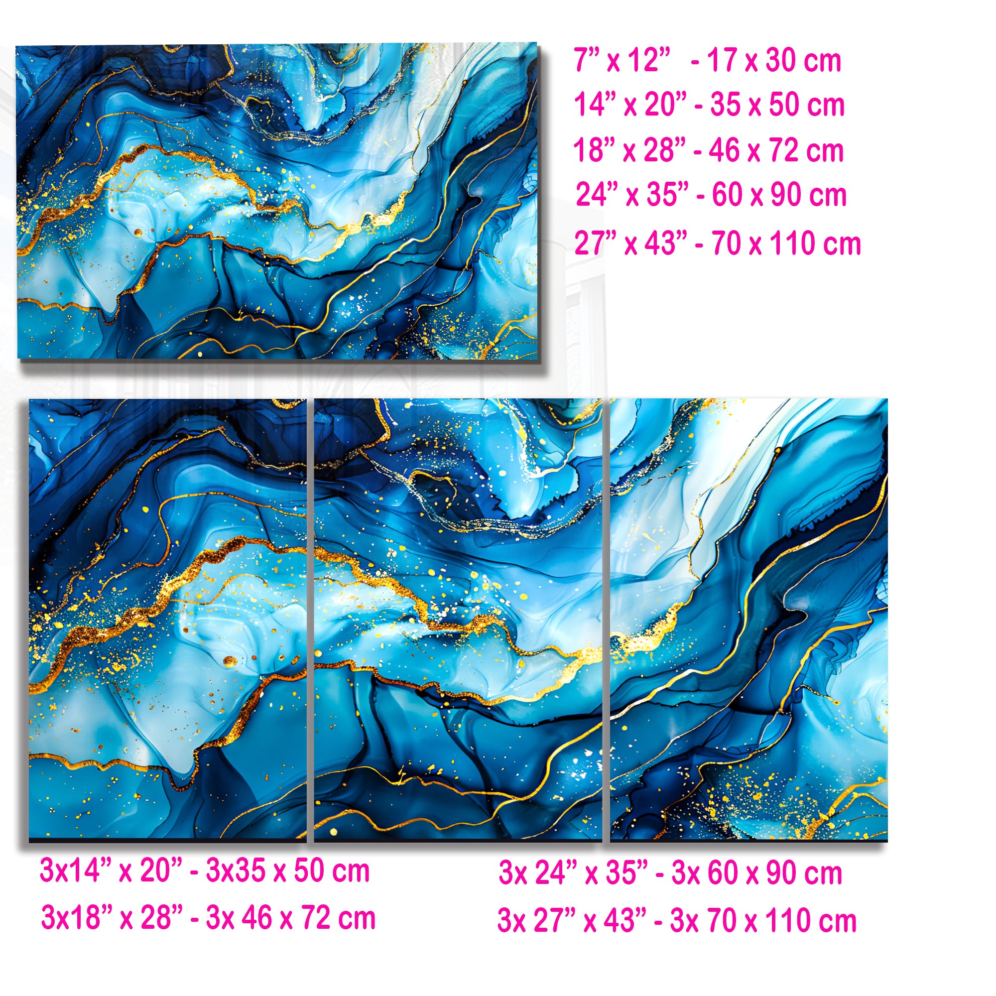 Tempered Glass Wall Art, Blue and Gold Marble Design, Luxury Abstract Modern Decor Panel