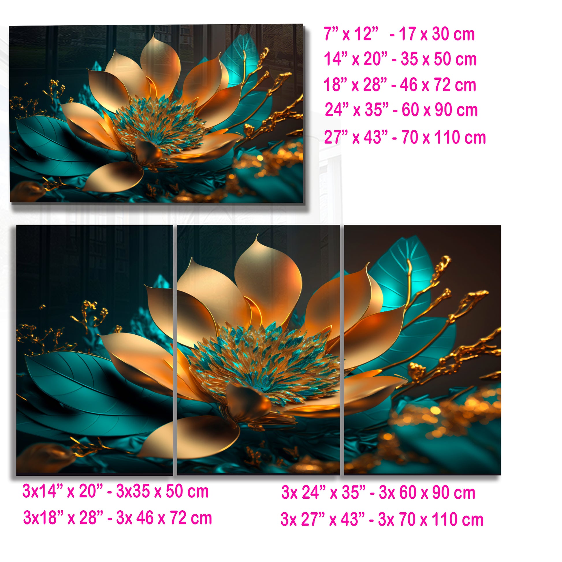 Golden Turquoise Flower Glass Wall Art – Luxury Floral Panel on Tempered Glass