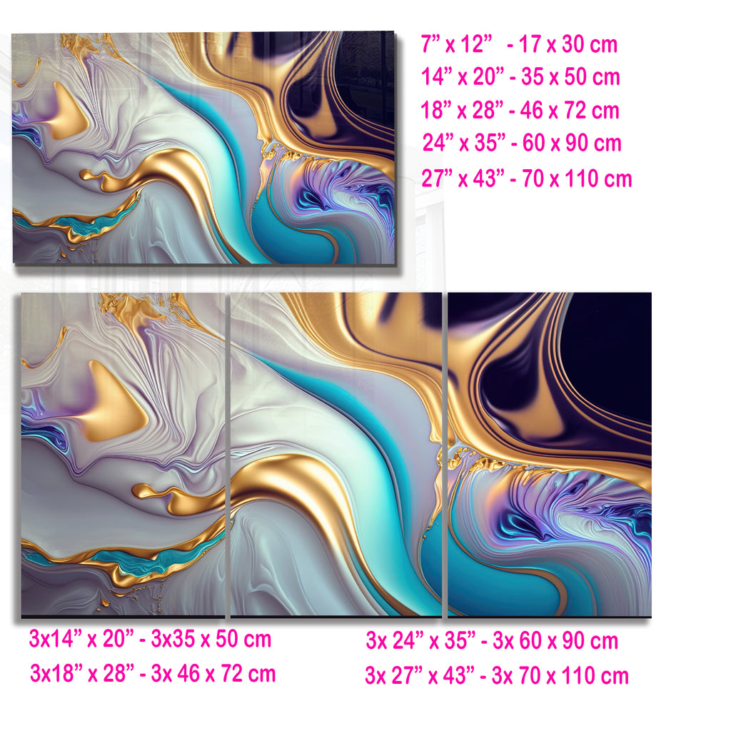 Gold Abstract Chrome Glass Wall Art – Metallic Fluid Design on Tempered Glass
