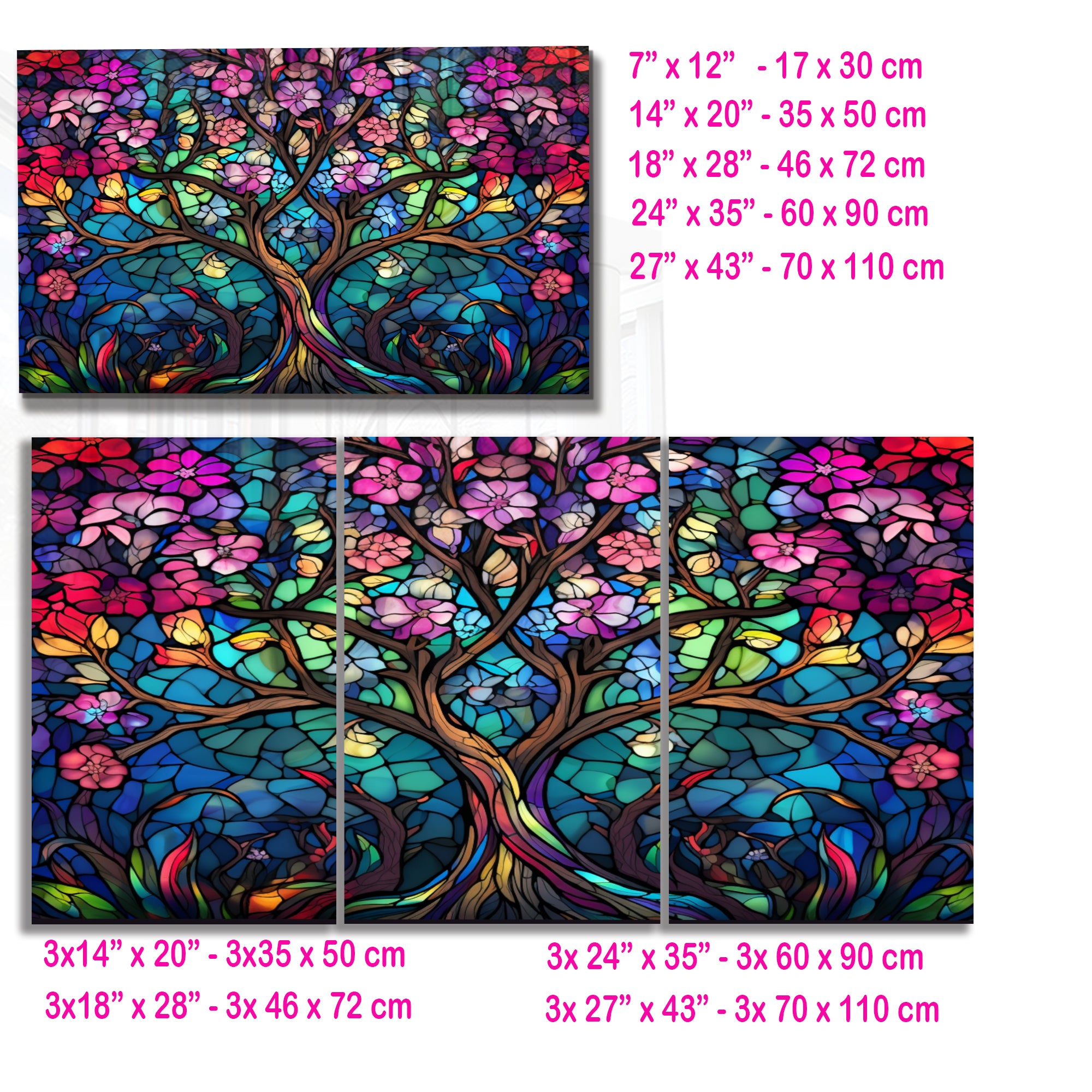 Ağaç Temalı Vitray Görünümlü Temperli Cam Tablo – Renkli Doğa Duvar Dekoru