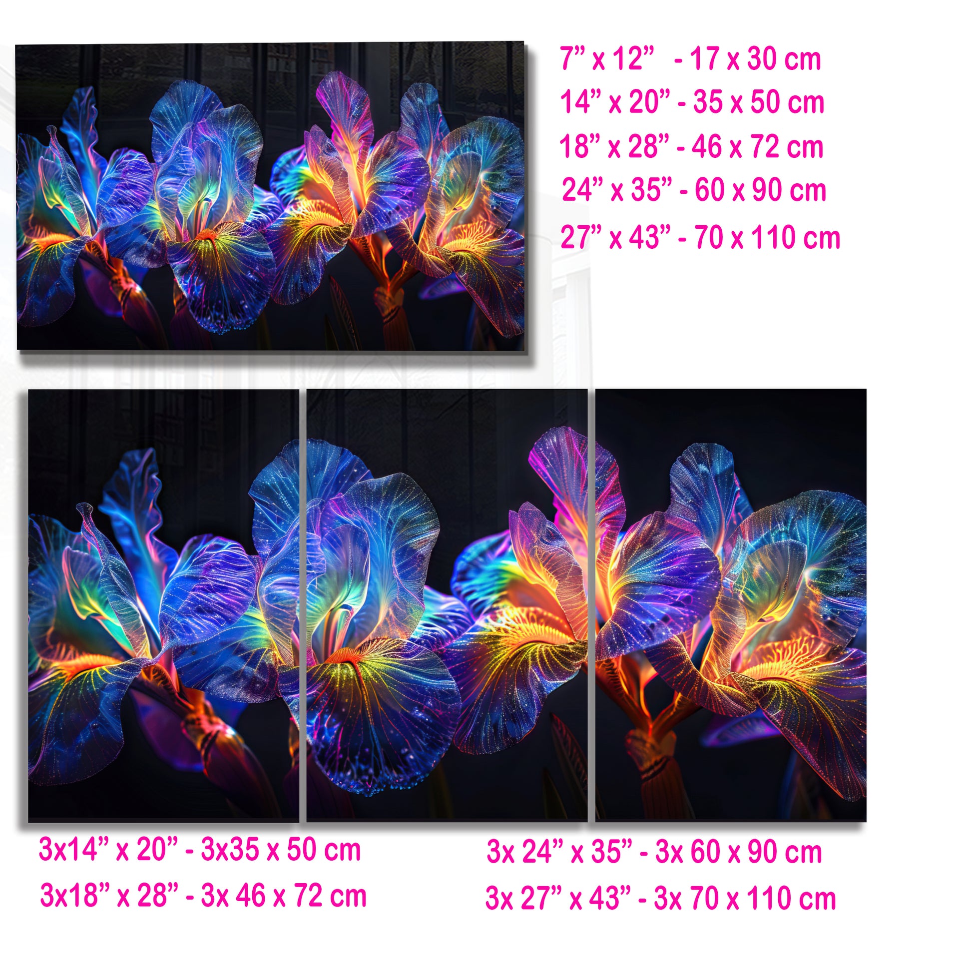 Rainbow Neon Iris Glass Wall Art – Glowing Colorful Floral Design on Tempered Glass