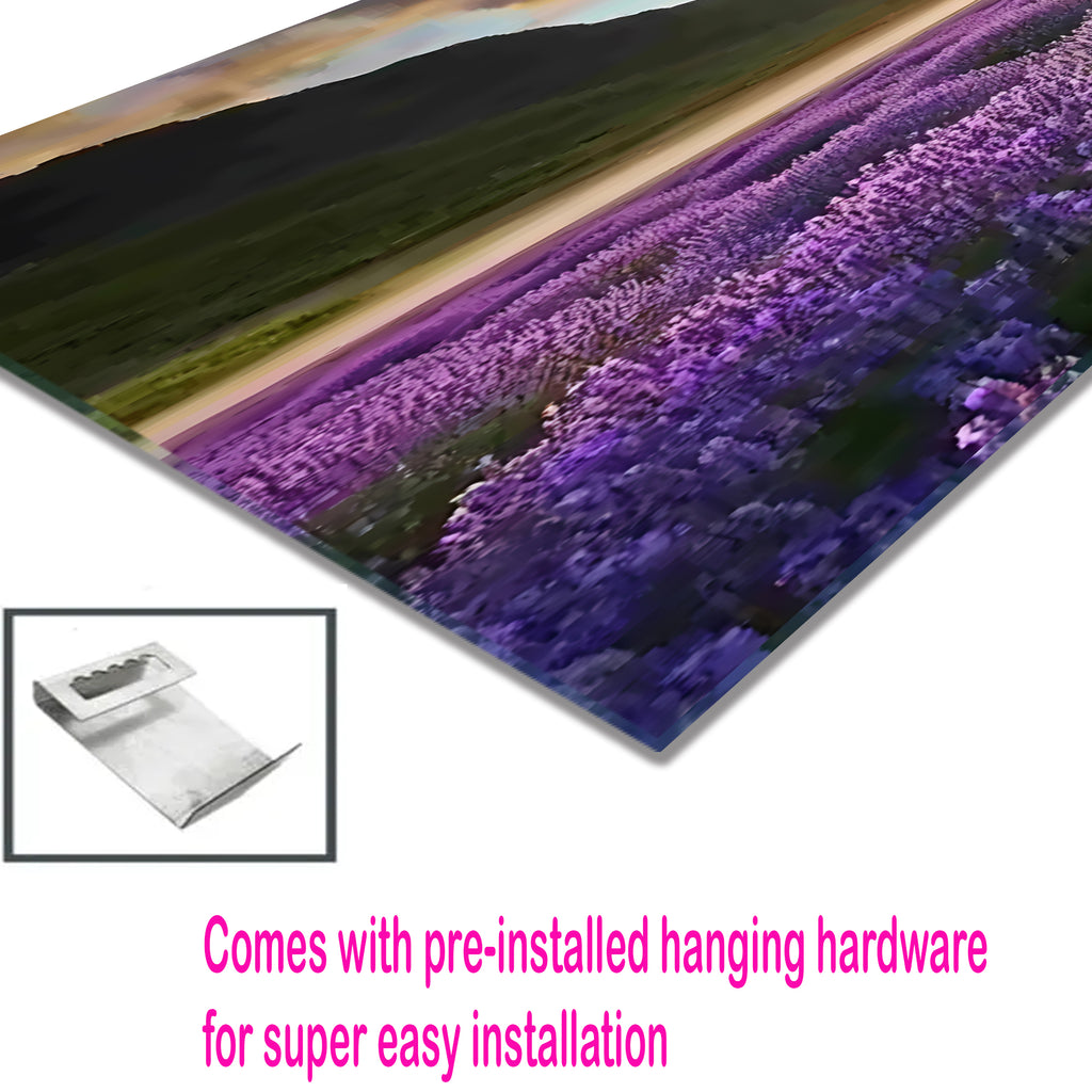 Lavender Field Glass Wall Art, Sunset Landscape Tempered Glass Print, Nature Wall Decor, Purple Floral Glass Panel, Relaxing Scenic Art