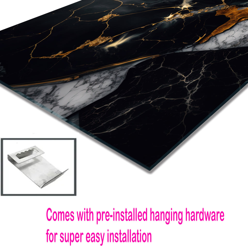 Tempered Glass Wall Art, Black and Gold Marble Design, Luxury Abstract Modern Decor Panel