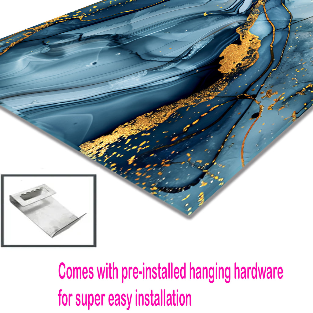 Blue Gold Marble Themed Tempered Glass Wall Art – Framed or Frameless - Luxury Glossy Panel -Stained Glass Wall Art - Marble Themed Glass Backsplash (Copy)