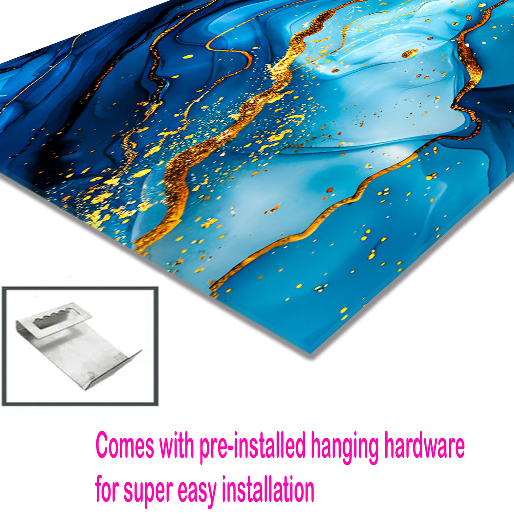 Tempered Glass Wall Art, Blue and Gold Marble Design, Luxury Abstract Modern Decor Panel