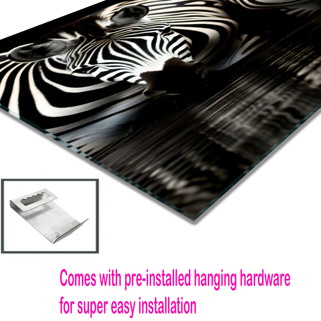 Zebra Reflections Wall Art – Monochrome Wildlife Print on Tempered Glass