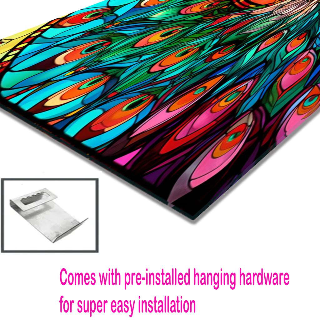 Peacock Stained Glass Wall Art – Vibrant Tempered Glass Panel with Colorful Feathers