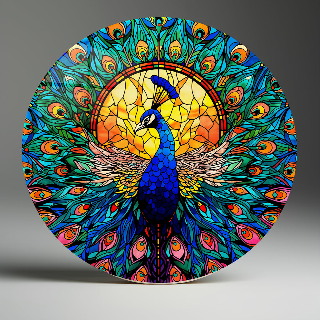 Temperli Cam Duvar Tablo Tavuz Kuşu 70x70 cm Vitray Desen