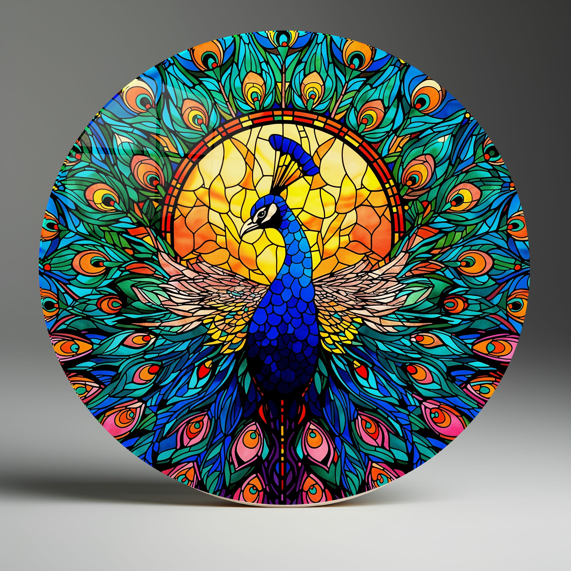 Temperli Cam Duvar Tablo Tavuz Kuşu 70x70 cm Vitray Desen