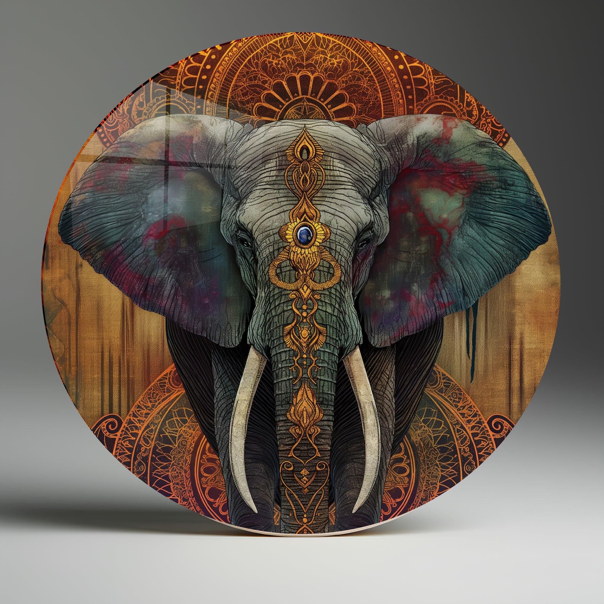 Temperli Cam Duvar Tablo Fil 70x70 cm Hint Sanatı