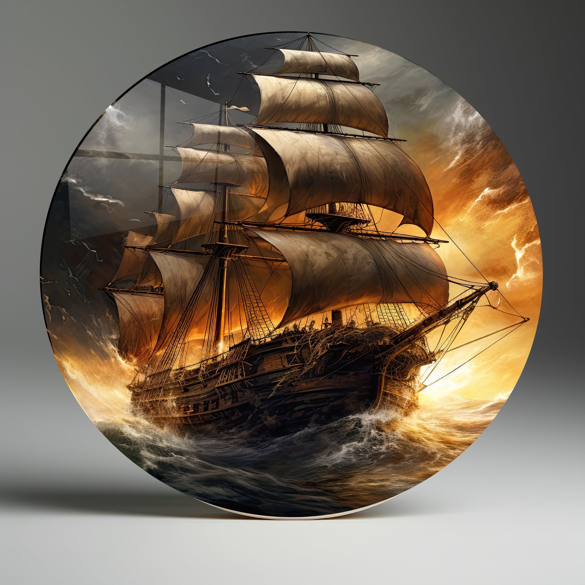 Temperli Cam Duvar Tablo Yelkenli Gemi 70x70 cm