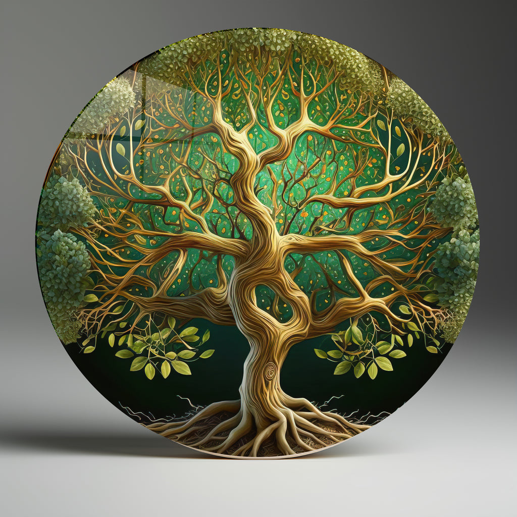 Temperli Cam Duvar Tablo Hayat Ağacı  70x70 cm Altın Yeşil