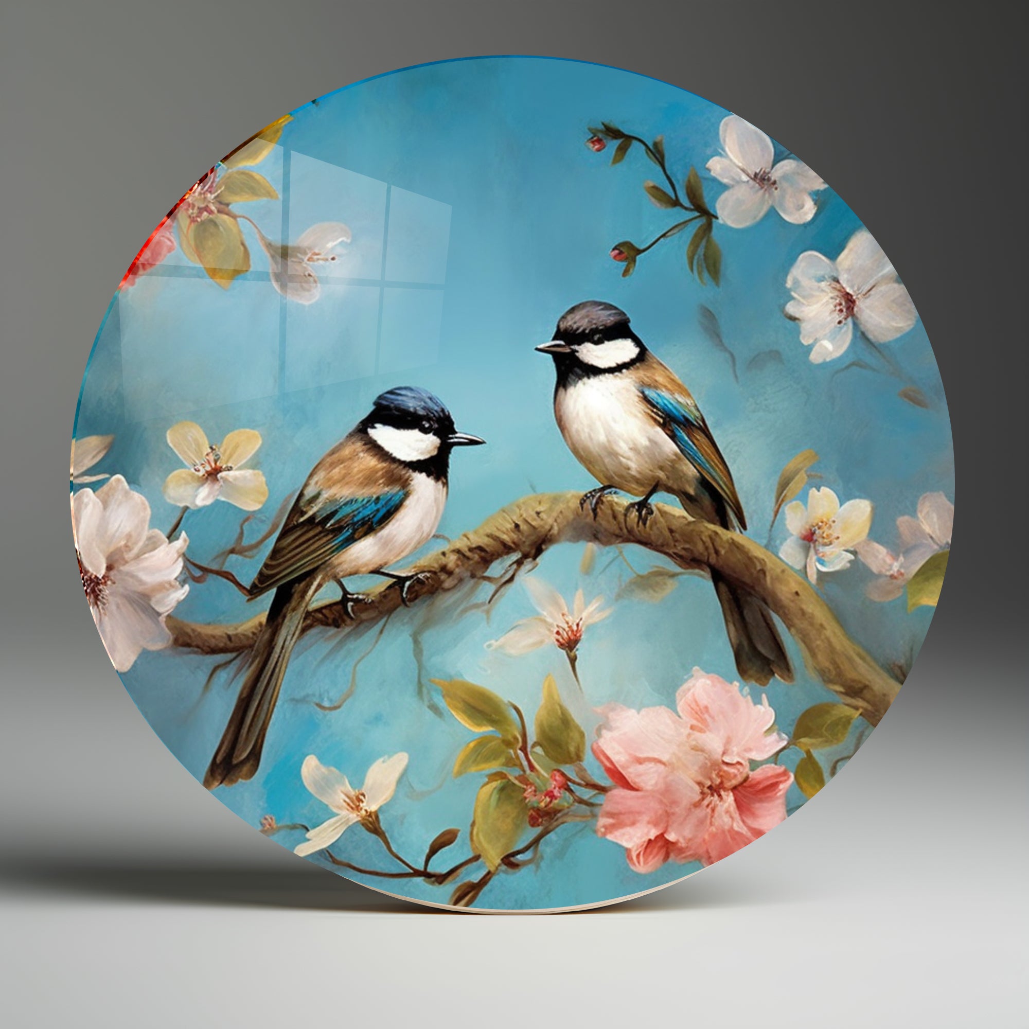 Temperli Cam Duvar Tablo Renkli Kuşlar 70x70 cm