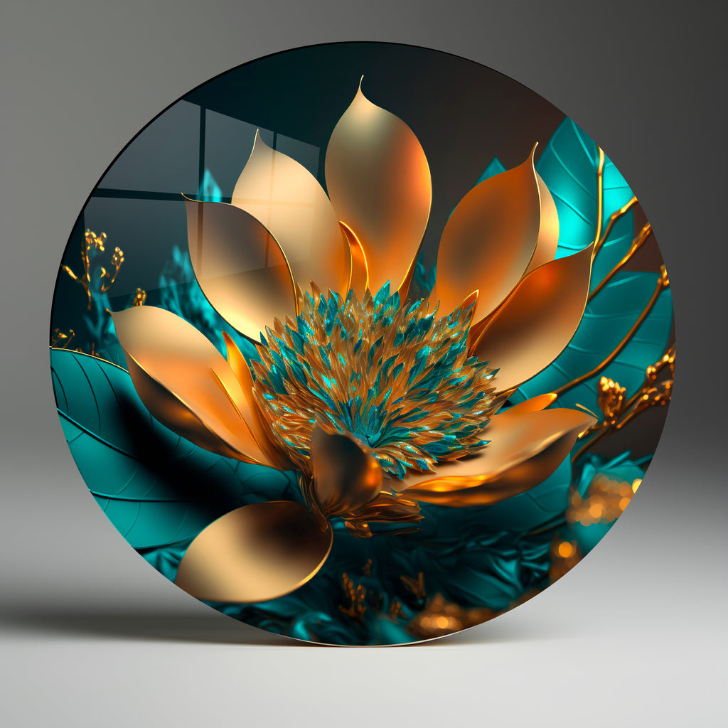 Temperli Cam Duvar Tablo Renkli Altın Lotus  70x70 cm Soyut