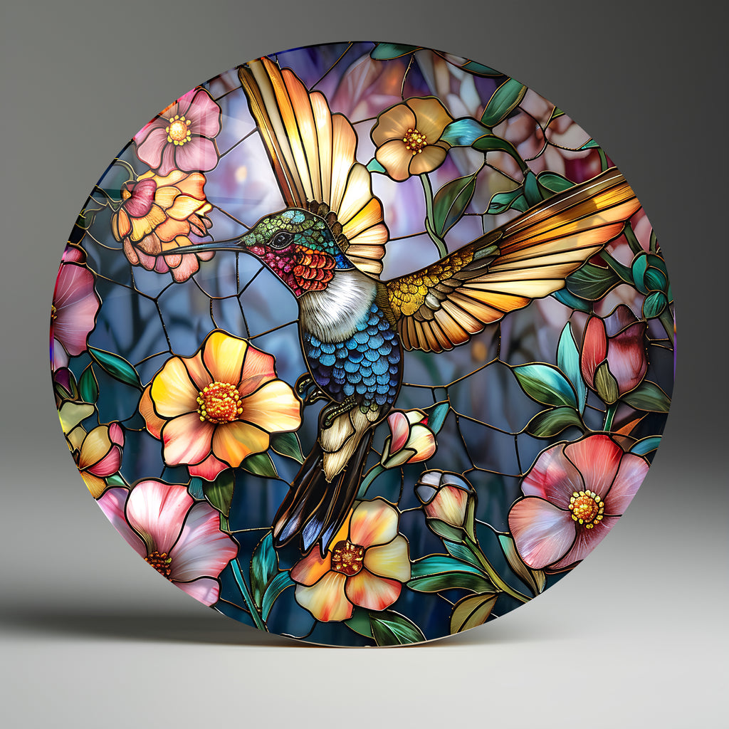 Temperli Cam Duvar Tablo Renkli Arıkuşu  70x70 cm Vitray Desenli