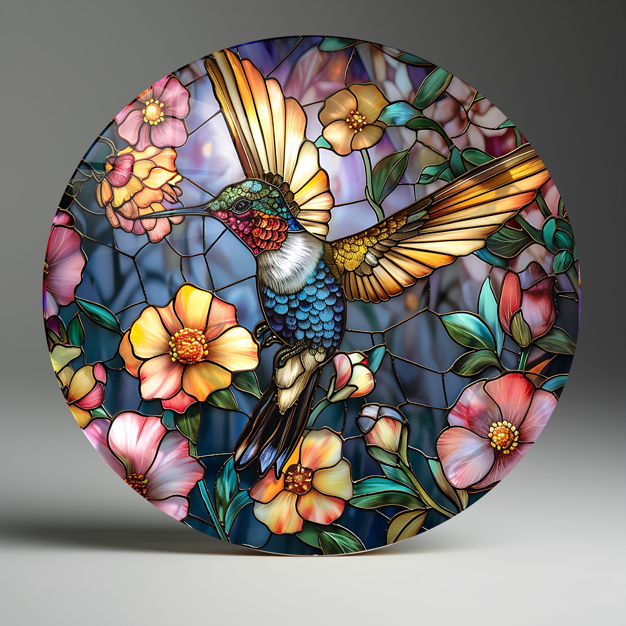 Temperli Cam Duvar Tablo Renkli Arıkuşu  70x70 cm Vitray Desenli