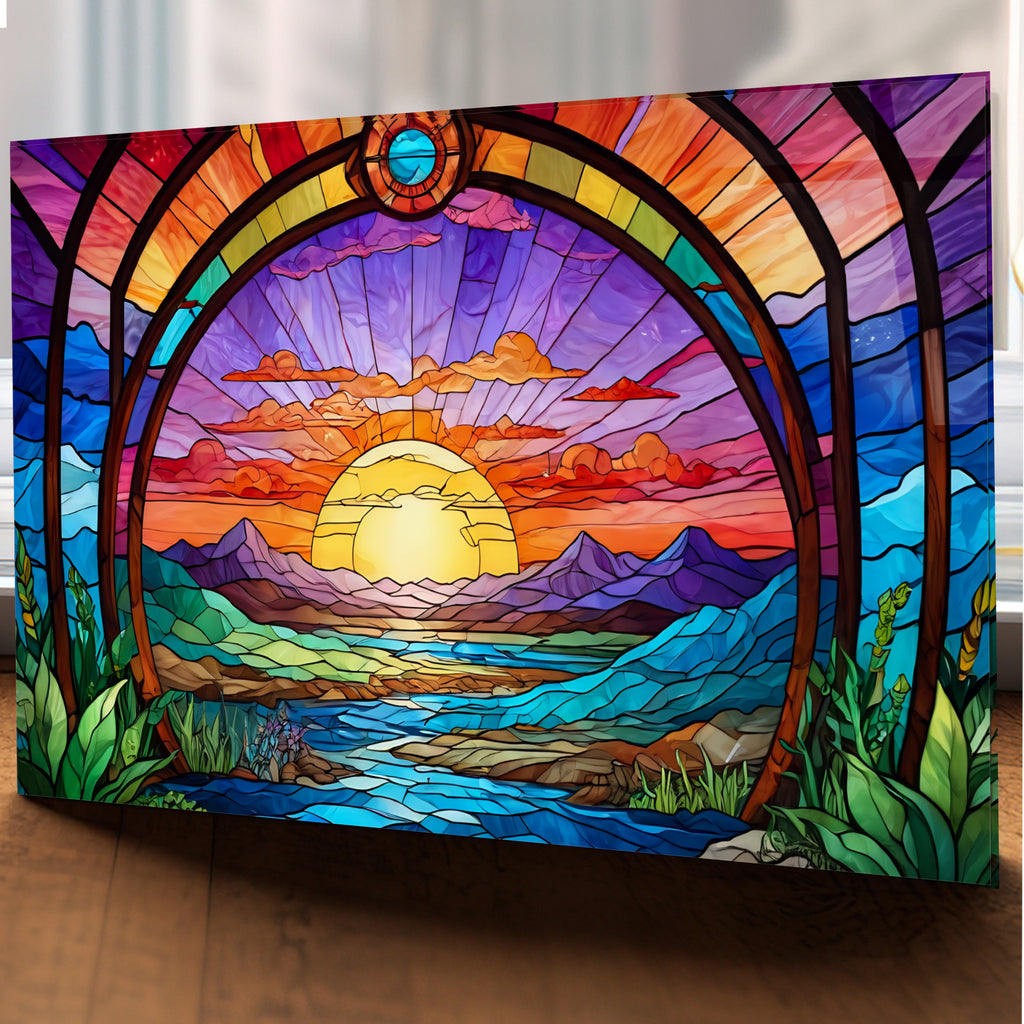Günbatı Temalı Vitray Görünümlü Temperli Cam Tablo – Renkli Doğa Duvar Dekoru