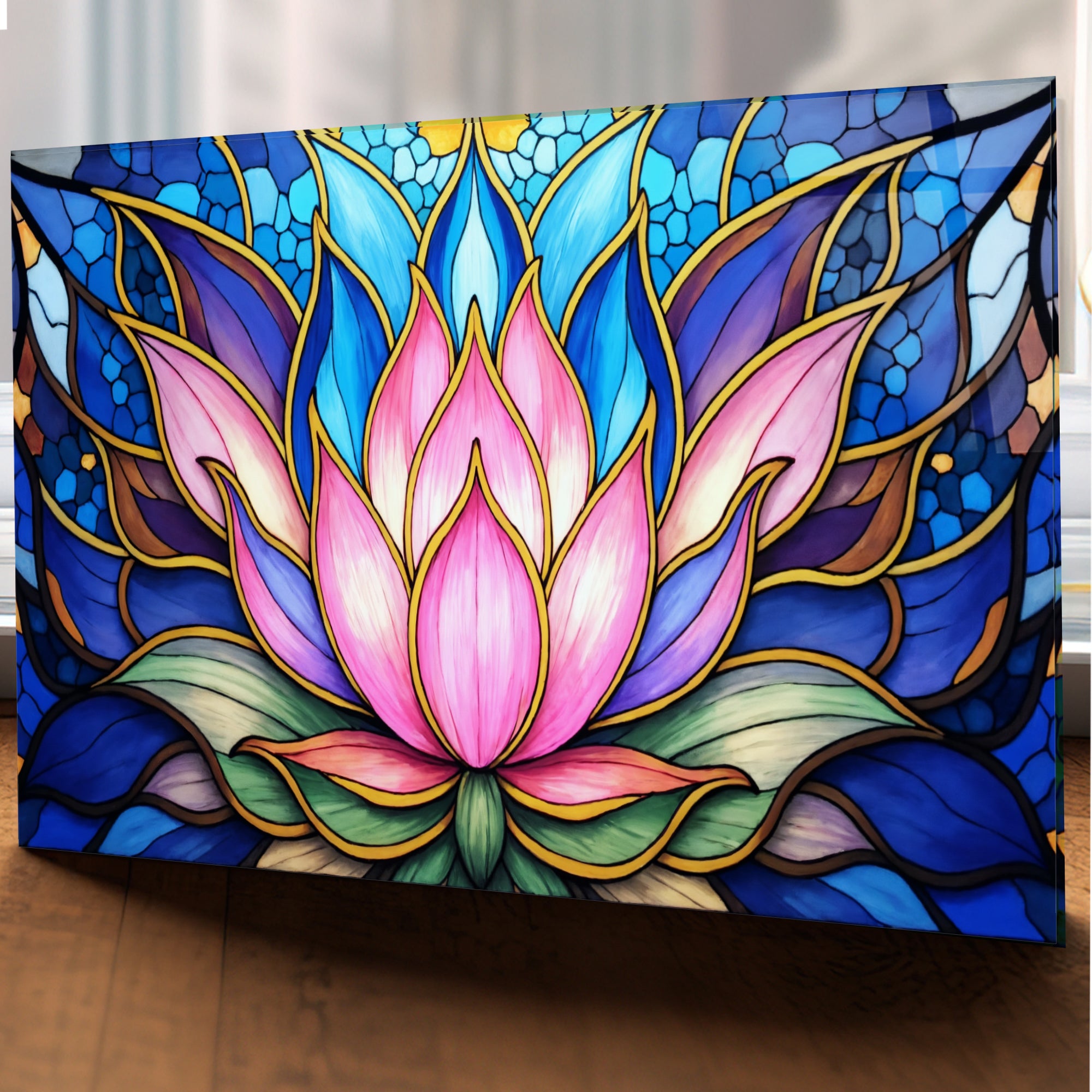 Nilüfer Çiçeği  Temalı Vitray Görünümlü Temperli Cam Tablo – Renkli Doğa Duvar Dekoru