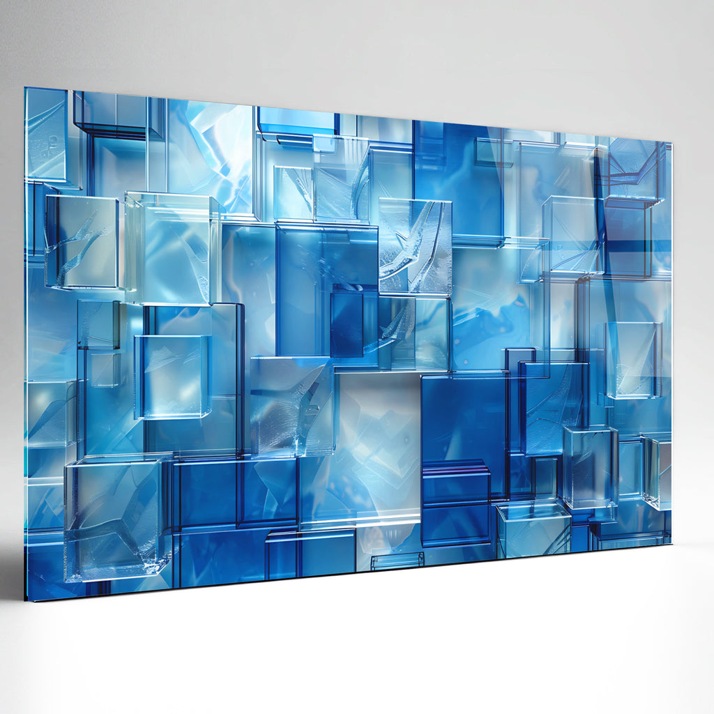 Kare Mavi Camlar Temalı Vitray Görünümlü Temperli Cam Tablo – Renkli Doğa Duvar Dekoru
