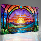 Günbatı Temalı Vitray Görünümlü Temperli Cam Tablo – Renkli Doğa Duvar Dekoru