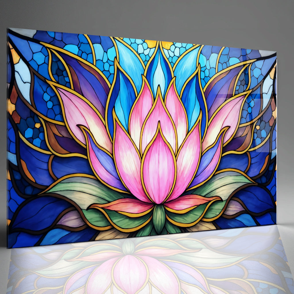 Nilüfer Çiçeği  Temalı Vitray Görünümlü Temperli Cam Tablo – Renkli Doğa Duvar Dekoru