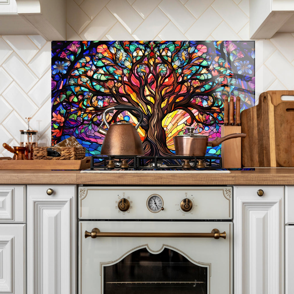 Renkli Ocak Arkası Temperli Cam Panel – Modern Mutfak Backsplash Dekoru