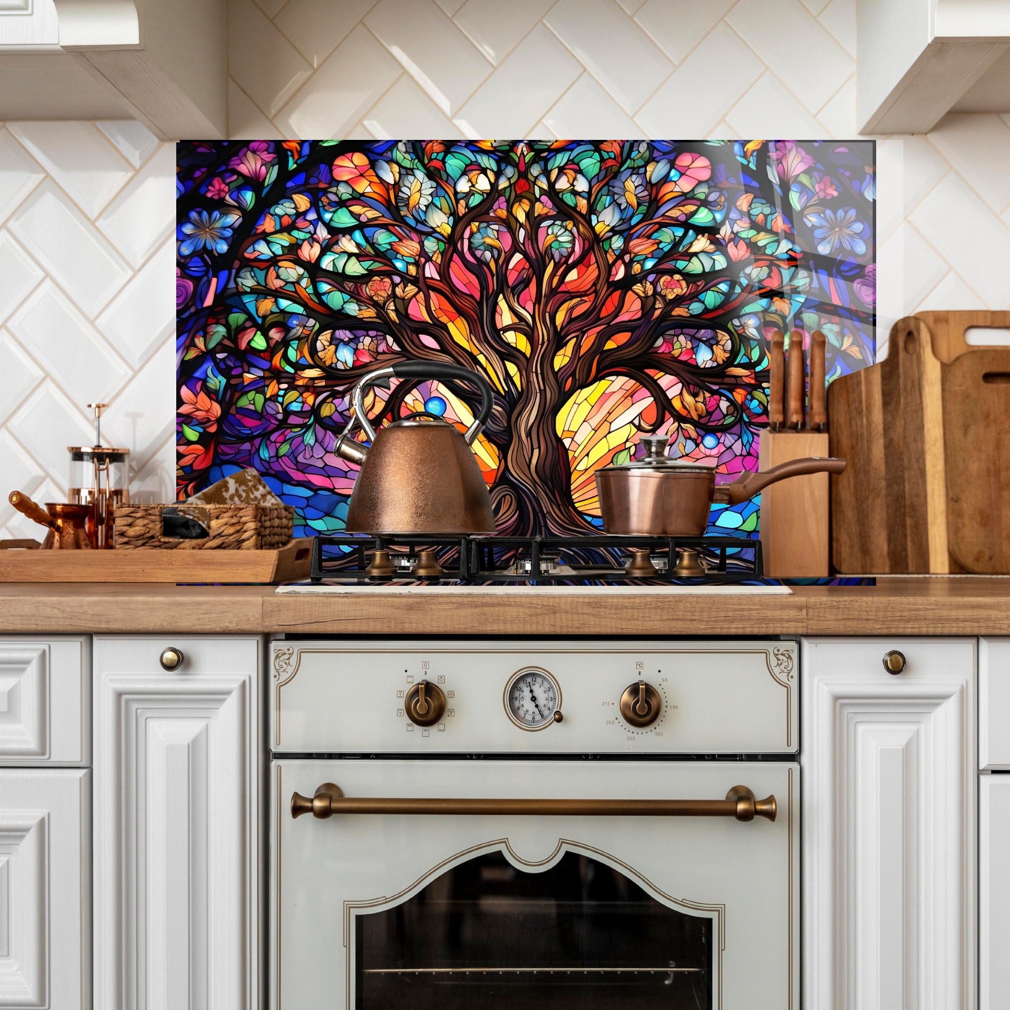 Renkli Ocak Arkası Temperli Cam Panel – Modern Mutfak Backsplash Dekoru