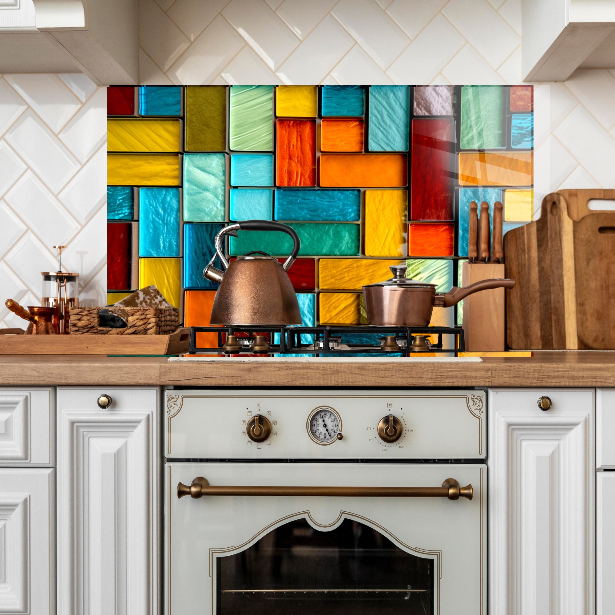 Renkli Vitray Desenli Ocak Arkası Temperli Cam Panel – Modern Mutfak Backsplash Dekoru