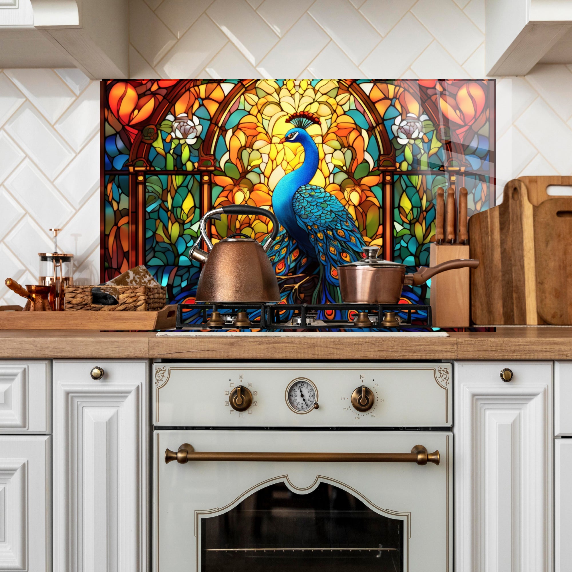 Renkli Ocak Arkası Temperli Cam Panel – Modern Mutfak Backsplash Dekoru