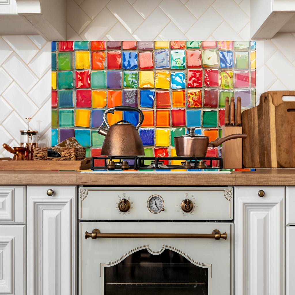 Renkli Ocak Arkası Temperli Cam Panel – Modern Mutfak Backsplash Dekoru