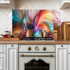 Renkli Ocak Arkası Temperli Cam Panel – Modern Mutfak Backsplash Dekoru