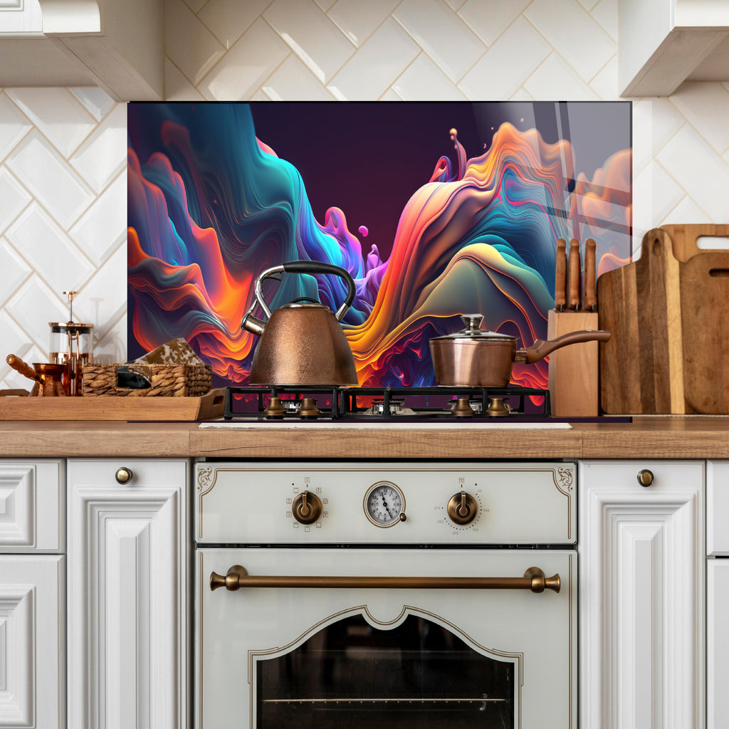 Renkli Ocak Arkası Temperli Cam Panel – Modern Mutfak Backsplash Dekoru