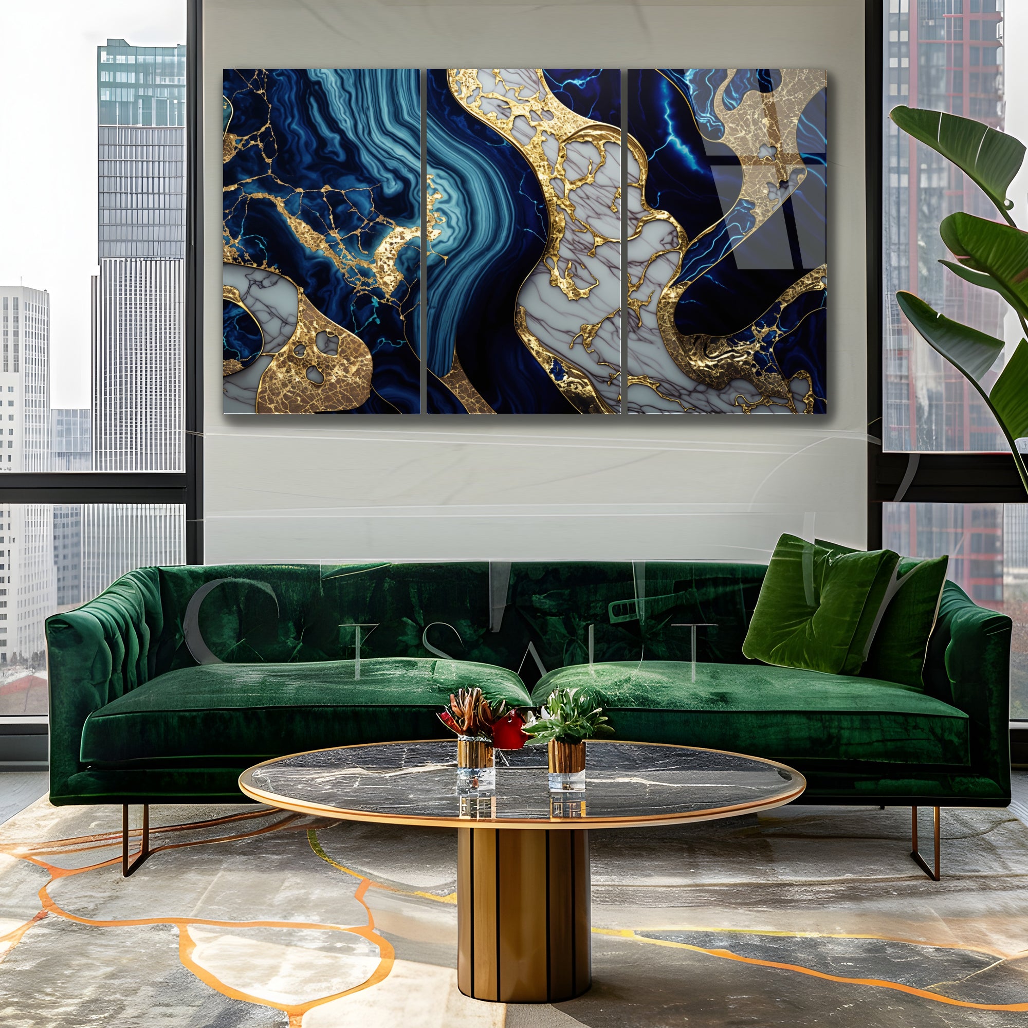 Mavi Mermer Soyut Temperlenmiş Cam Tablo, Modern 3D Duvar Dekoru, Şık ve Lüks Cam Sanat Eseri