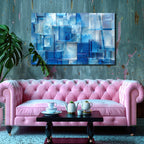 Kare Mavi Camlar Temalı Vitray Görünümlü Temperli Cam Tablo – Renkli Doğa Duvar Dekoru