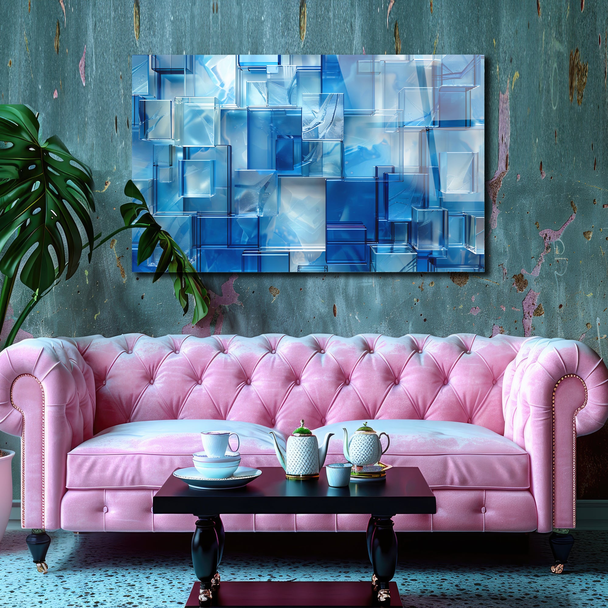 Kare Mavi Camlar Temalı Vitray Görünümlü Temperli Cam Tablo – Renkli Doğa Duvar Dekoru