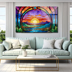 Günbatı Temalı Vitray Görünümlü Temperli Cam Tablo – Renkli Doğa Duvar Dekoru