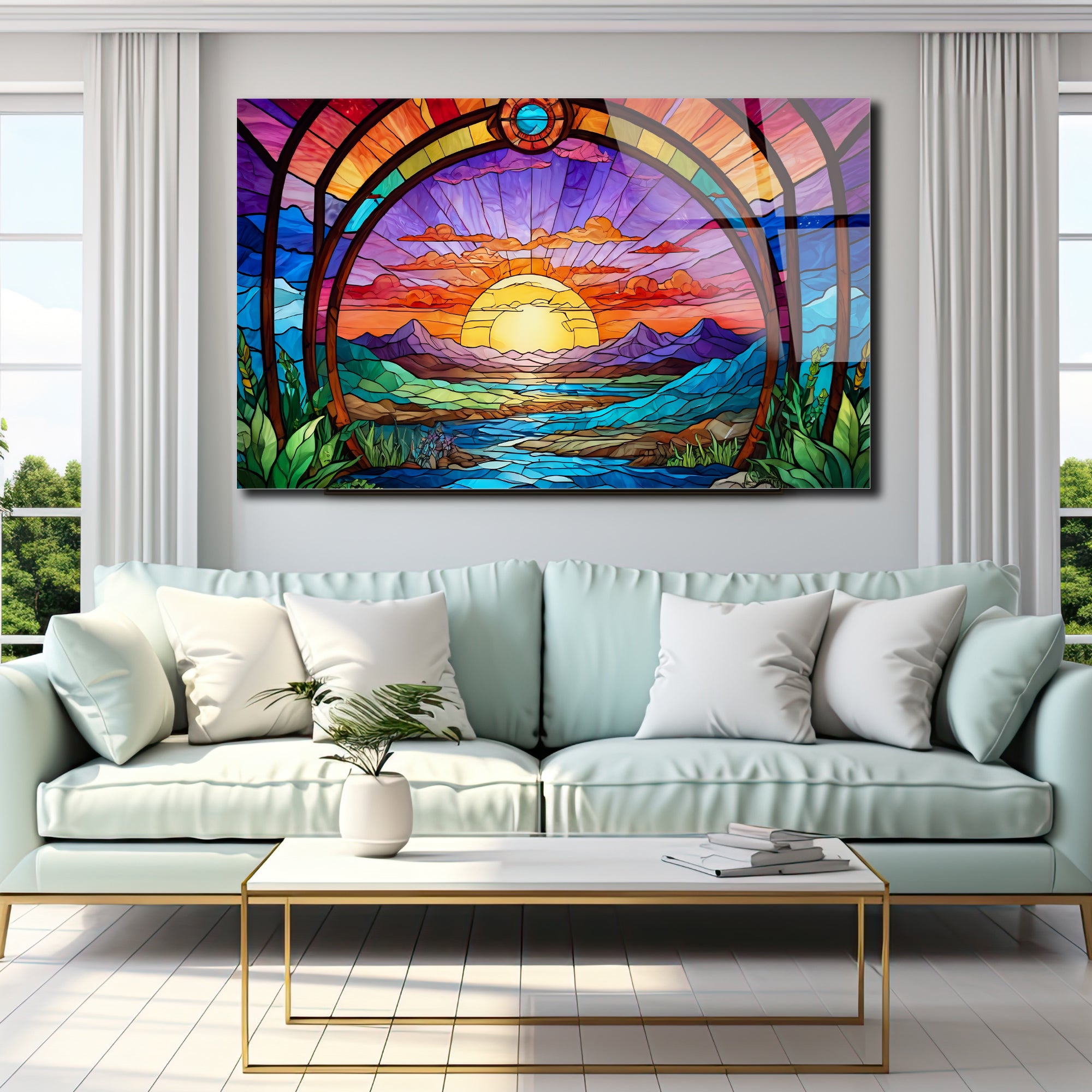 Günbatı Temalı Vitray Görünümlü Temperli Cam Tablo – Renkli Doğa Duvar Dekoru