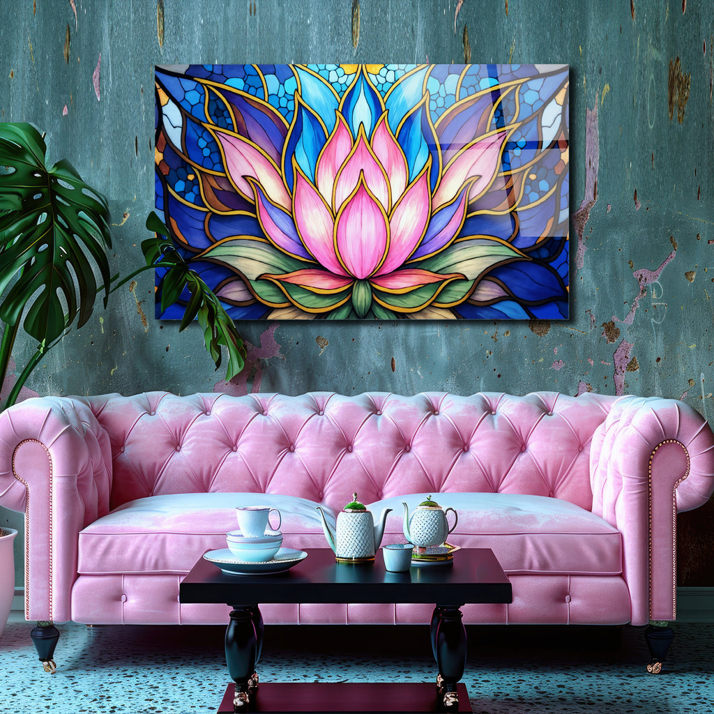 Nilüfer Çiçeği  Temalı Vitray Görünümlü Temperli Cam Tablo – Renkli Doğa Duvar Dekoru