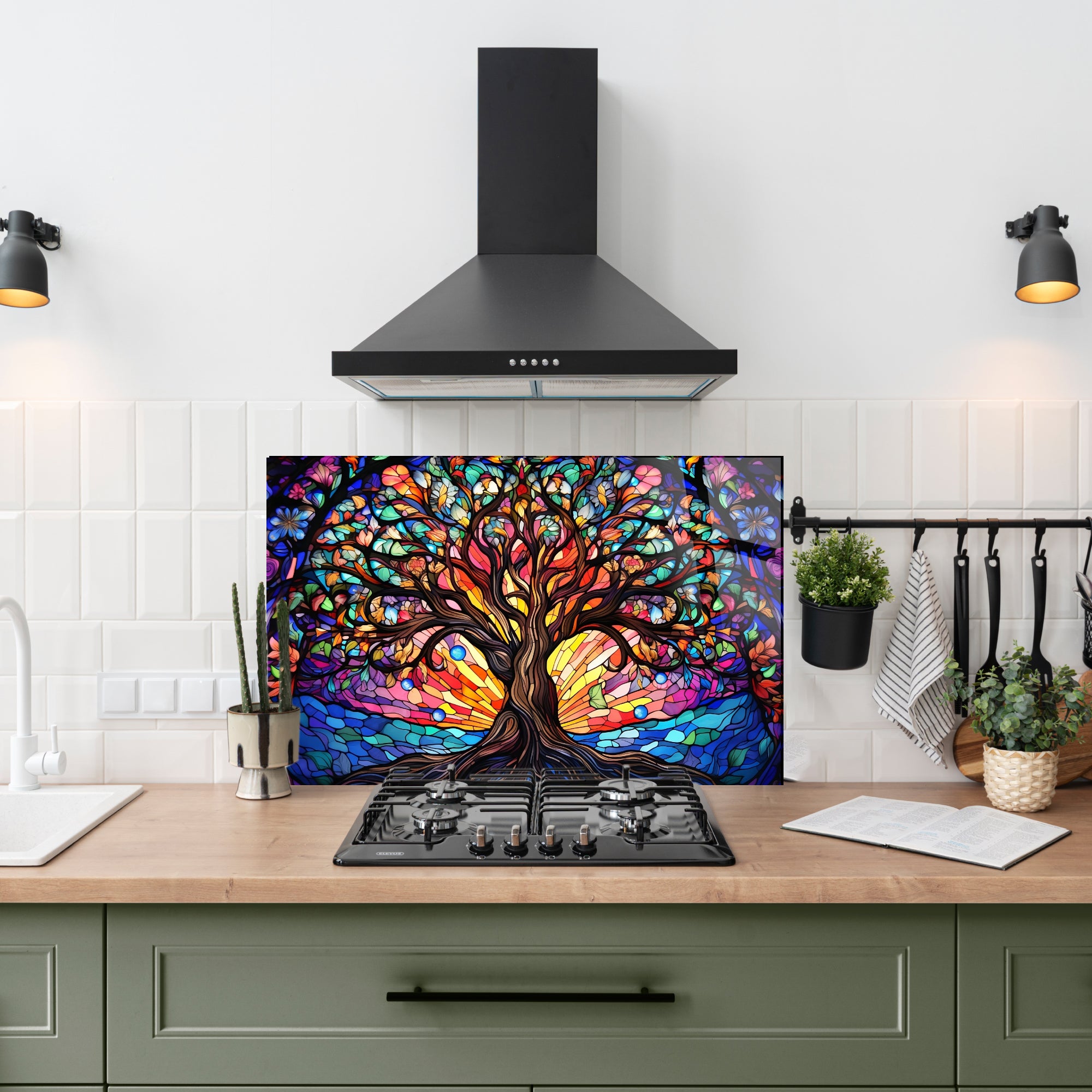 Renkli Ocak Arkası Temperli Cam Panel – Modern Mutfak Backsplash Dekoru