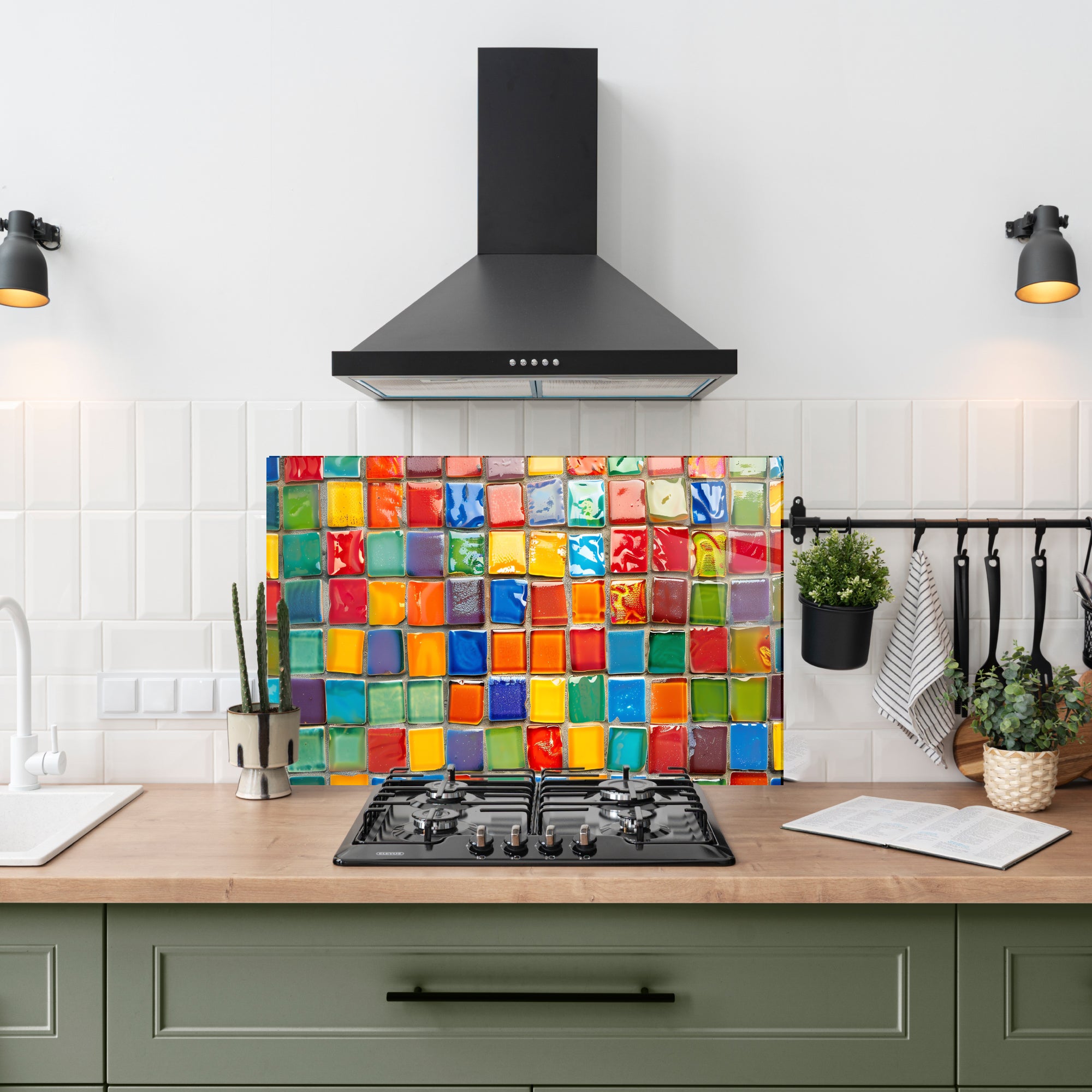 Renkli Ocak Arkası Temperli Cam Panel – Modern Mutfak Backsplash Dekoru