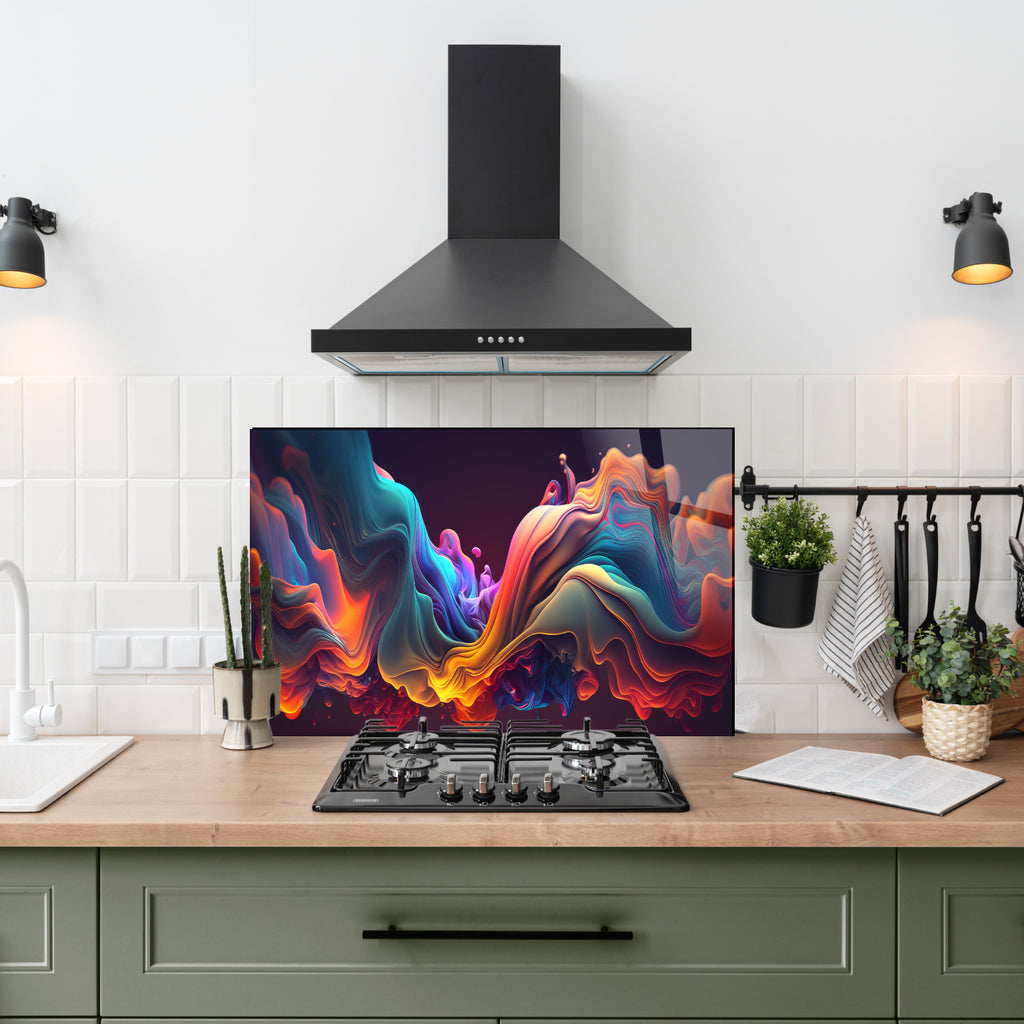 Renkli Ocak Arkası Temperli Cam Panel – Modern Mutfak Backsplash Dekoru