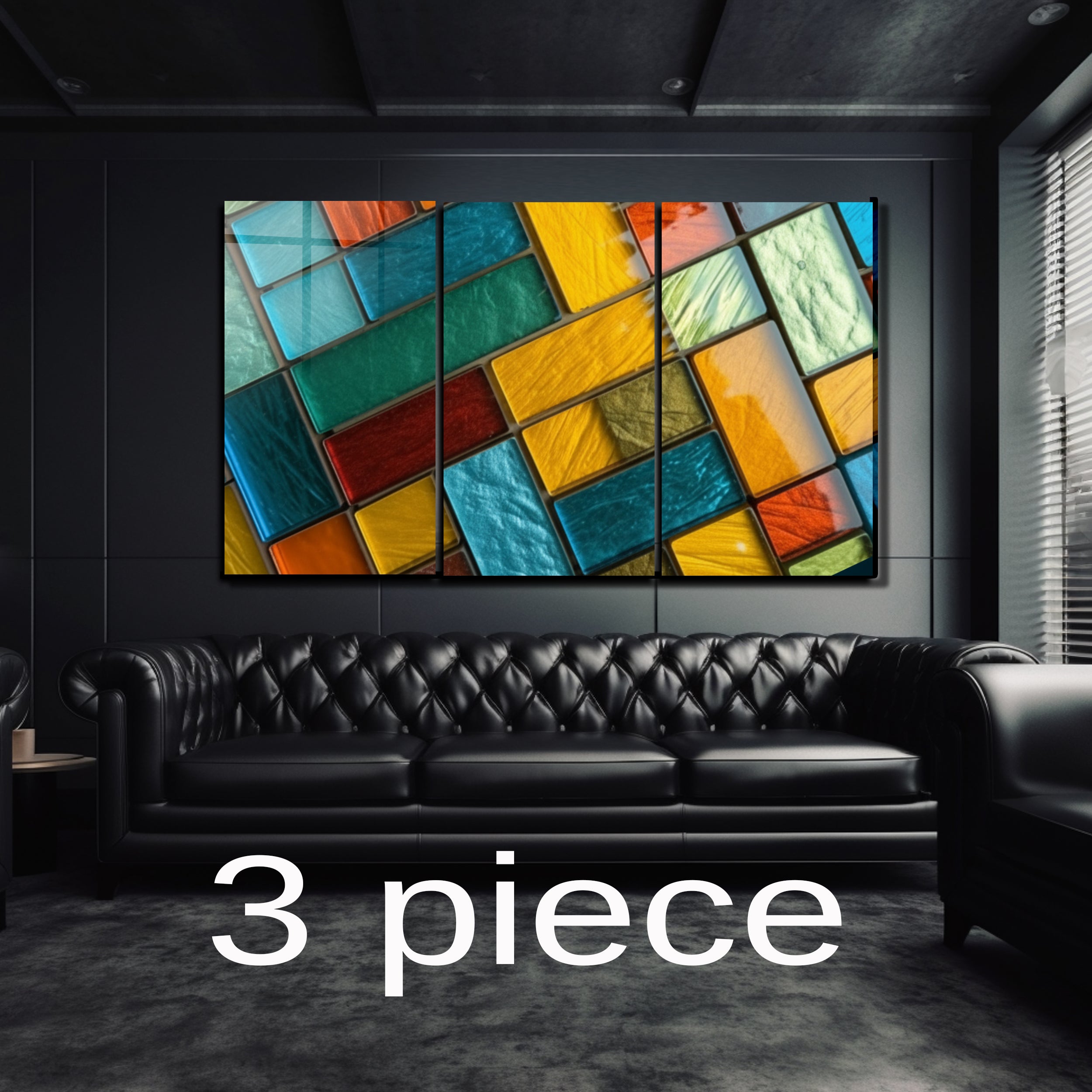 Diagonal Dörtgenler Vitray Görünümlü Temperli Cam Tablo – Renkli Doğa Duvar Dekoru