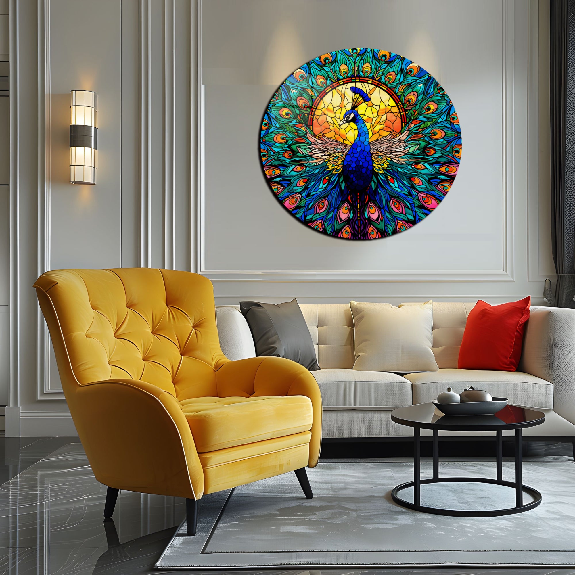 Temperli Cam Duvar Tablo Tavuz Kuşu 70x70 cm Vitray Desen