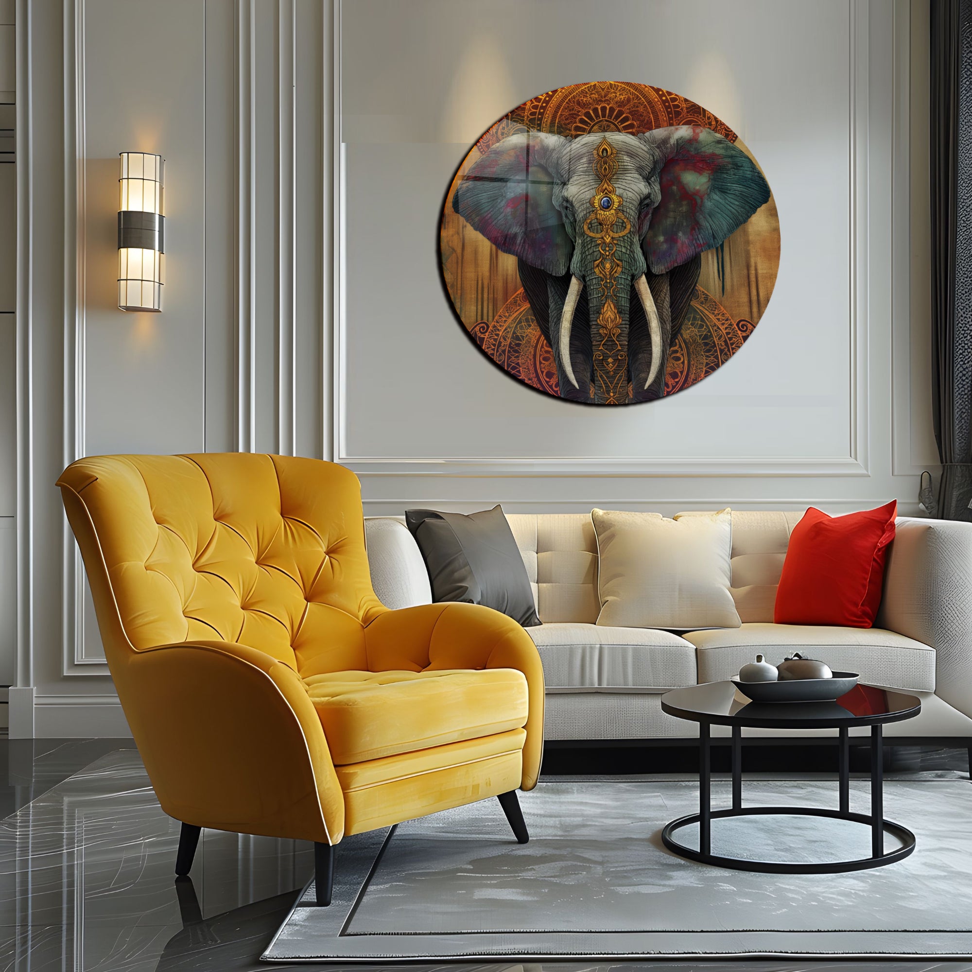 Temperli Cam Duvar Tablo Fil 70x70 cm Hint Sanatı