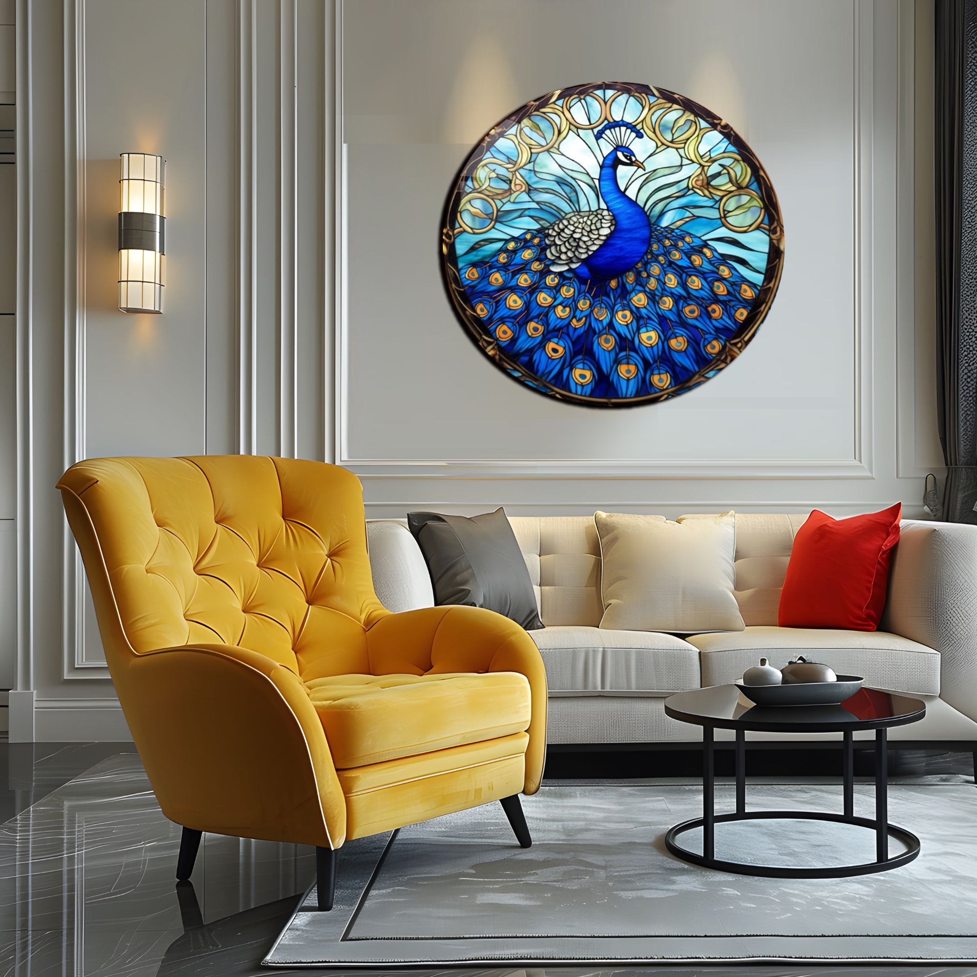 Temperli Cam Duvar Tablo Tavuzkuşu 70x70 cm Vitray Desen